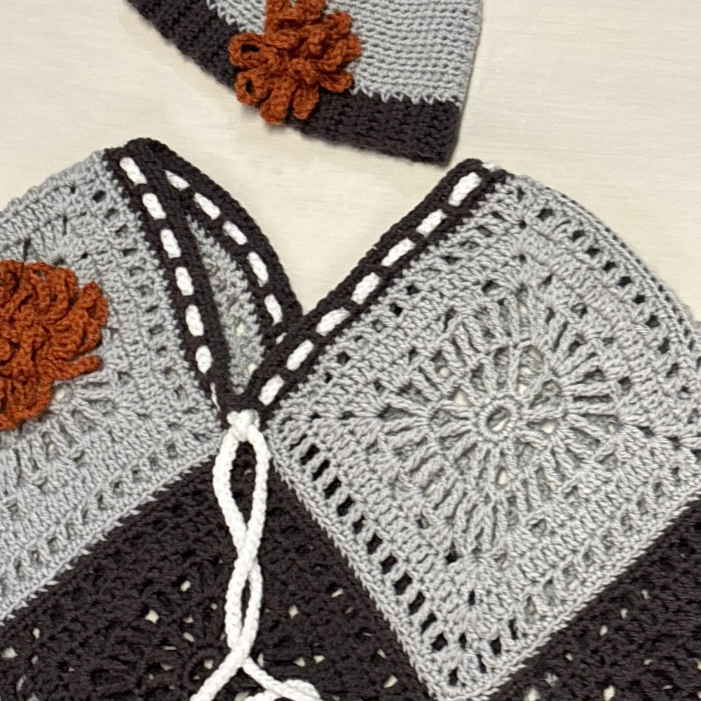 Handmade Boho Poncho Shawl  & Hat Fringe Gray Orange One Size Fits Most‎ Fall - Picture 11 of 12